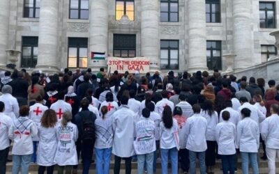 Healthcare students and workers calling for an immediate ceasefire in Gaza.